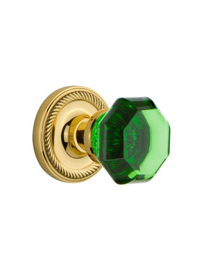 Rope Rosette Door Set with Colored Waldorf Crystal Glass Knobs Emerald in Un-Lacquered Brass.